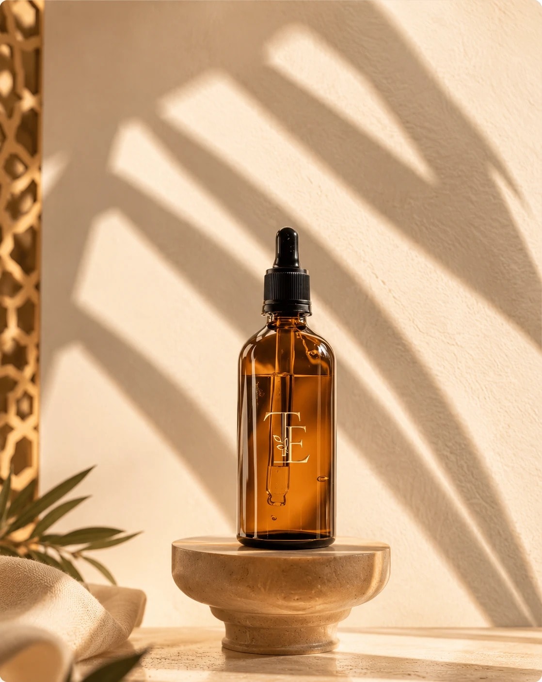 Flacon Tayba Essence — monogramme gravé sur socle de travertin, lumière du matin